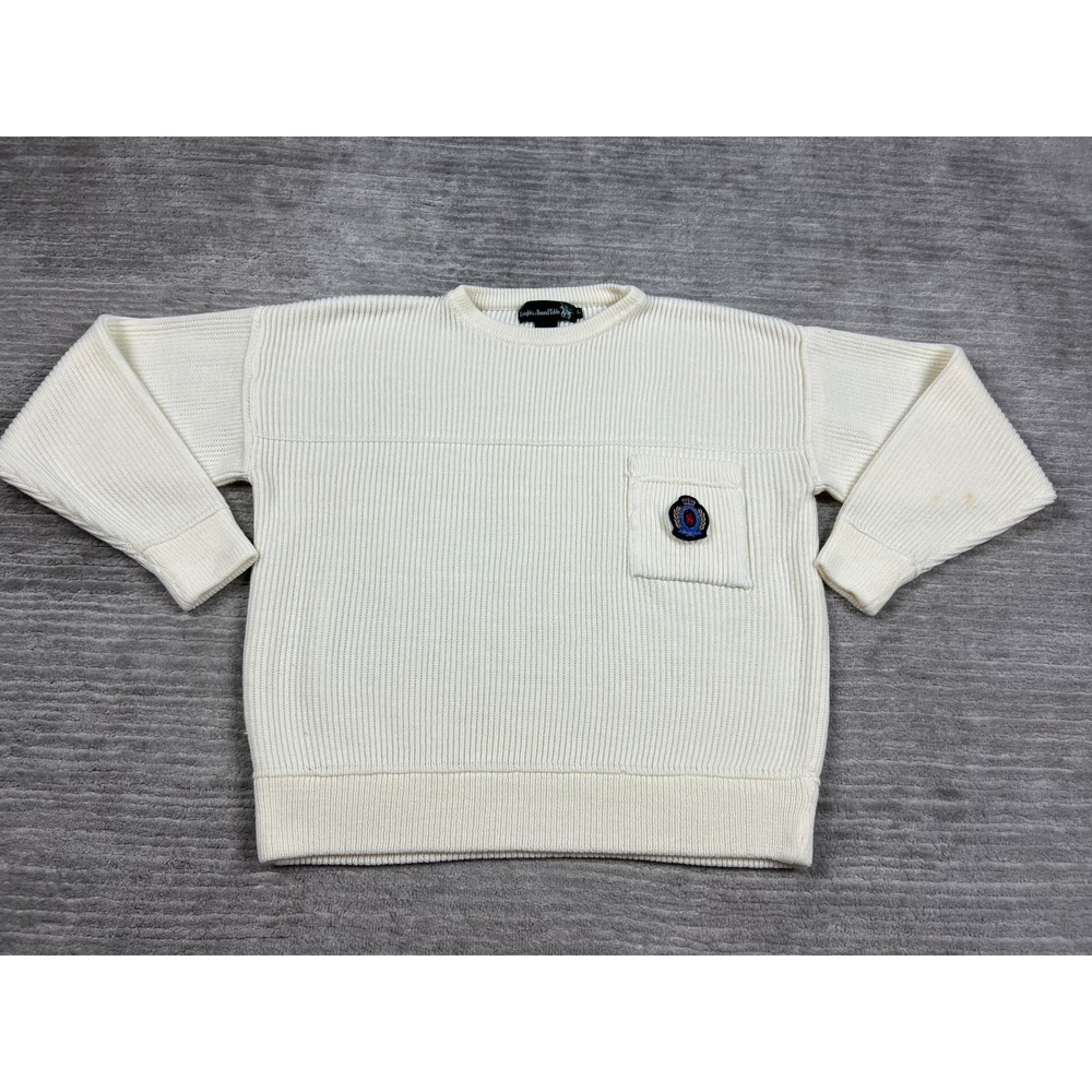 Knights of Round Table Sweater Mens L Cream Crewneck Ribbed Crest Pocket Vintage